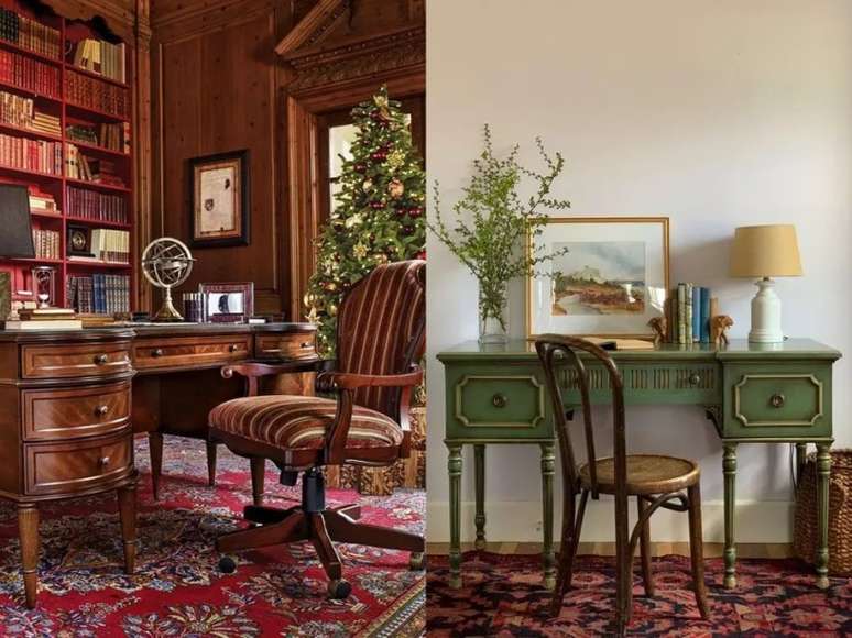 A cadeira com estofamento listrado se encaixa muito bem com o visual totalmente revestido em madeira tingida. / Um pequeno espa&ccedil;o de trabalho exibe uma mesa verde, cadeira antiga, um vaso com ramos e um quadro com uma pintura.