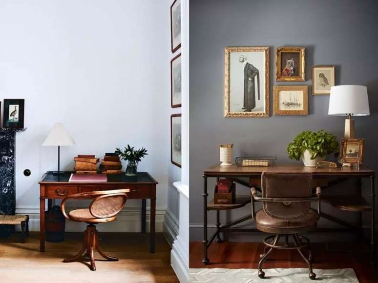 A cadeira de madeira e vime traz elementos naturais para o espa&ccedil;o que &eacute; decorado com uma pilha de livros antigos. / A mesa e a cadeira de couro apresentam uma mistura de vintage com estilo industrial.