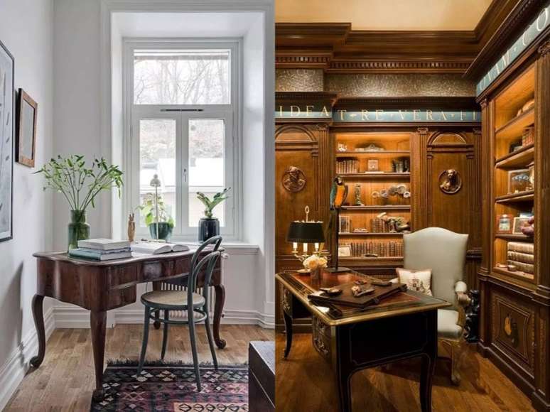 Um belo escrit&oacute;rio com uma mesa grande e pesada, uma cadeira cinza, alguns vasos de plantas e livros grandes./ Este home office &eacute; de tirar o f&ocirc;lego com um papel de parede impresso, prateleiras embutidas manchadas, uma linda mesa escura e uma cadeira cinza.