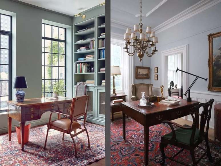 Estantes embutidas, uma cadeira de couro, um tapete estampado e um abajur s&atilde;o os toques vintage no primeiro ambiente. J&aacute; o outro exemplo &eacute; composto por uma mesa ricamente manchada, uma cadeira verde e uma cinza e um lustre chique.