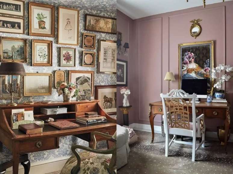 O lindo papel de parede floral azul traz um toque rom&acirc;ntico para a parede de galeria, que combina com a cadeira tamb&eacute;m floral. / As paredes malva e a cadeira branca e doura deixam este escrit&oacute;rio super harm&ocirc;nico.