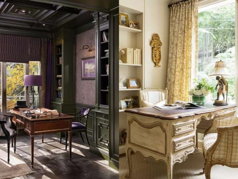 Este home office vintage apresenta possui v&aacute;rio elementos na cor roxa - como a cortina, cadeiras, abajur e papel de parede. / Com uma paleta neutra, este ambiente possui estantes embutidas e mesa refinada que combinam com as cadeiras, abajur de mesa e cortinas florais.