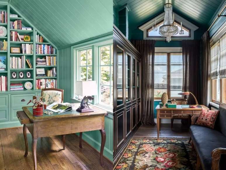 Utilize o s&oacute;t&atilde;o como um local de trabalho. Aqui, as paredes e teto verdes alegram o cen&aacute;rio com toques vintage. / Procurando por eleg&acirc;ncia? Este cen&aacute;rio &eacute; de cair o queixo: estantes pretas, mesa manchada, cadeira floral, tapete, sof&aacute; azul e um lustre de cristal!
