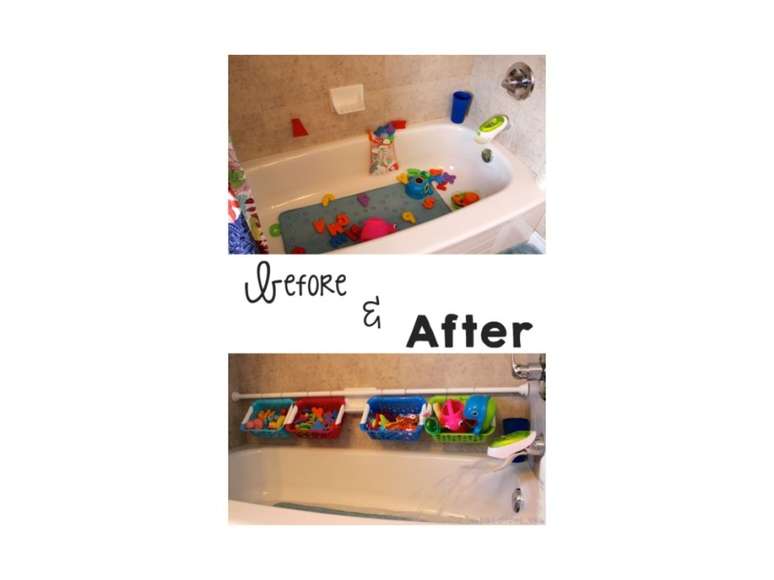 Se voc&ecirc; possui filhos, conhece o pavor de ter que pegar todos os brinquedos molhados depois de um banho super divertido e cheio de brincadeiras, certo? Para acabar com esse problema, posicione hastes de tens&atilde;o e cestos de pl&aacute;stico.