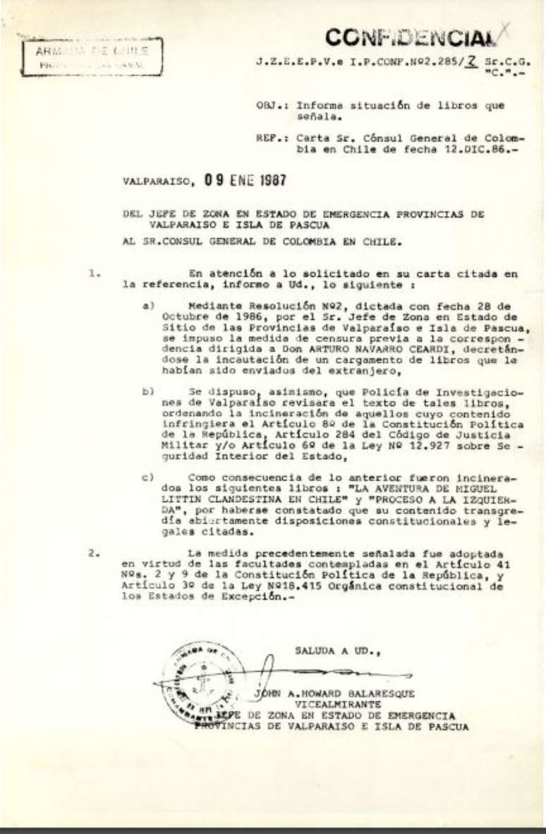 Documento que revela que o regime militar queimou os livros
