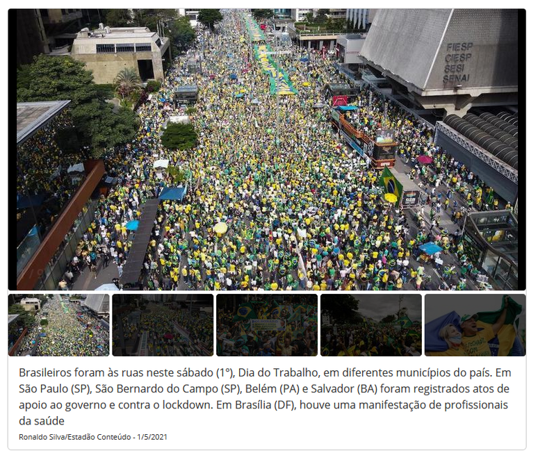 Milhares de brasileiros participam de manifesta&ccedil;&atilde;o pr&oacute;-governo no Dia do Trabalho de 2021.