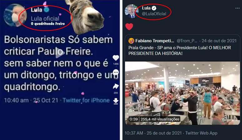 Comparação mostra que tweet falso não tem a arroba oficial do ex-presidente.