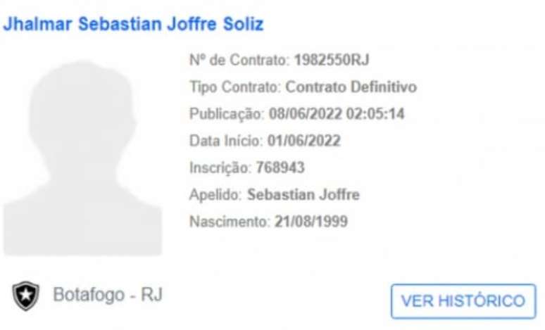 Nome de Joffre, do Botafogo, no BID (Reprodução/BID/CBF)