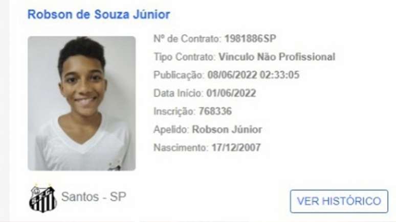 Contrato de Robson Junior foi publicado no BID da CBF nesta quarta (Foto: Reprodução)