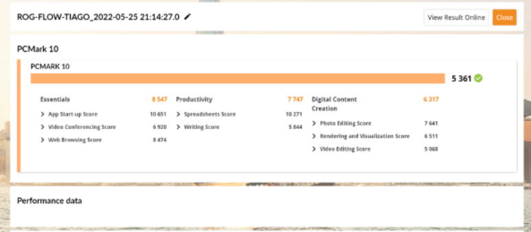 Resultado do desempenho do ROG Flow Z13 no PC Mark 10 (Imagem: Tiago Rodrigues)