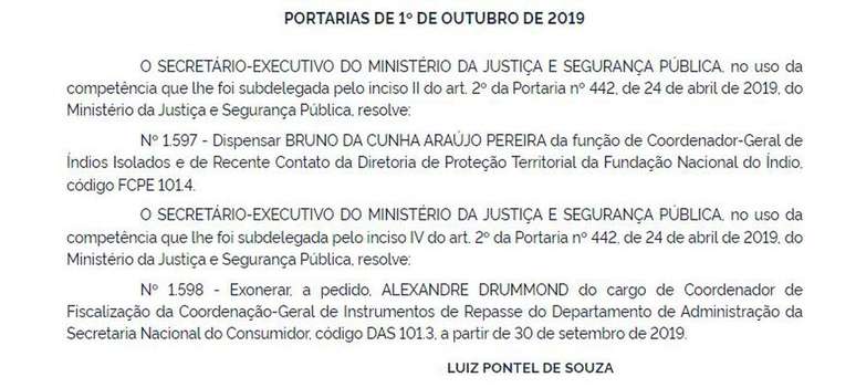 A dispensa de Bruno Pereira do posto de liderança na Funai foi efetivada no início de outubro de 2019 pelo então secretário-executivo do Ministério da Justiça. 