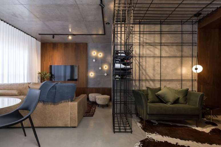 17. Cores que combinam com verde para sala de estar estilo industrial – Foto Keleen Schmidt Inacio
