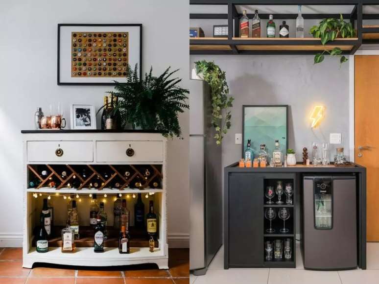 Acrescente luzes de fada para um toque delicado. / Um bar contemporâneo com um refrigerador de vinho super moderno, uma luz néon e uma obra de arte ombré.