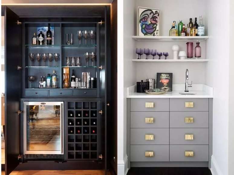 N&atilde;o quer que o bar fique vis&iacute;vel o tempo todo? Posicione portas para que voc&ecirc; possa fech&aacute;-las nos momentos que voc&ecirc; quer esconder a &aacute;rea. / Disponha ta&ccedil;as e outros objetos de vidro colorido para alegrar um espa&ccedil;o mon&oacute;tono sem grandes altera&ccedil;&otilde;es.