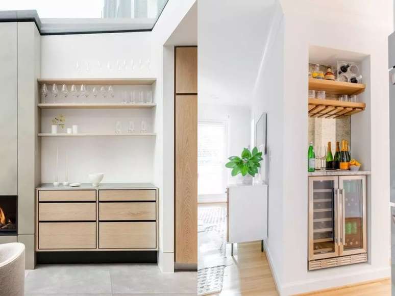 Para um cen&aacute;rio minimalista, opte por uma paleta neutra, prateleiras abertas, mas com pouco objetos, e velas. / Voc&ecirc; n&atilde;o precisa de um espa&ccedil;o enorme para ter um bar em casa. Neste exemplo, apenas algumas prateleira e um refrigerador de vinho j&aacute; criam um cantinho charmoso.