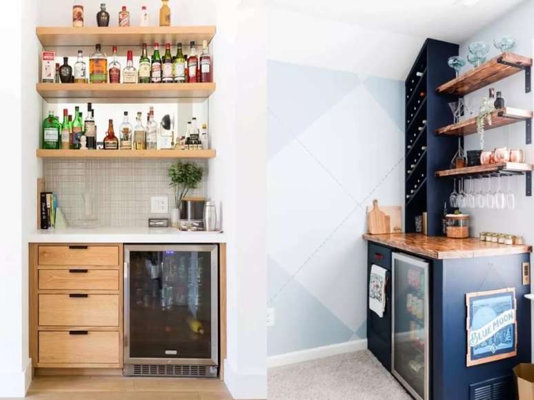 Se voc&ecirc; gostaria de investir em um bar mais neutro, procure por paletas em tons mais claros. / Selecione uma mob&iacute;lia colorida e um papel de parede para que a &aacute;rea se destaque ainda mais.