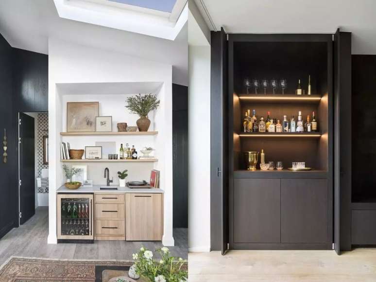 Um bom drink e uma boa m&uacute;sica caminham juntos, certo? Deixe seu cantinho ainda mais divertido com uma vitrola e uma cole&ccedil;&atilde;o de discos! / Voc&ecirc; n&atilde;o precisa decorar muito o seu bar se n&atilde;o quiser. Posicionar ta&ccedil;as e garrafas de bebida j&aacute; fazem este trabalho, ainda mais com luzes embutidas.