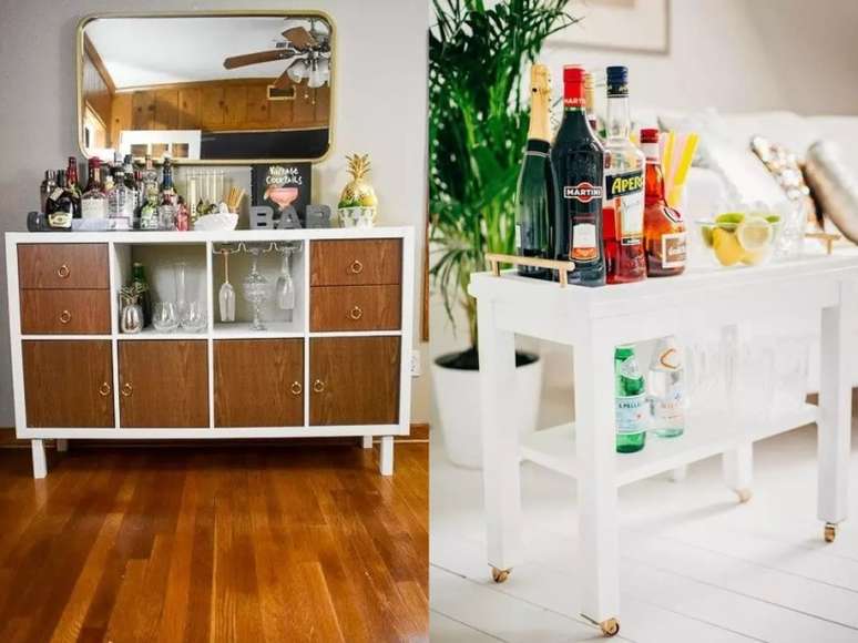 Crie seu pr&oacute;prio arm&aacute;rio de bar ou aparador personalizado de baixo custo. / Um pequeno carrinho de rodas feito de uma mesa lateral, com alguns detalhes em lat&atilde;o, &eacute; uma pe&ccedil;a muito &uacute;til.