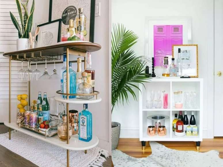 Esse bar super estiloso em lat&atilde;o possui compartimentos abertos e algumas obras de arte. / Invista em uma mob&iacute;lia com nichos como um bar pequeno e descolado.