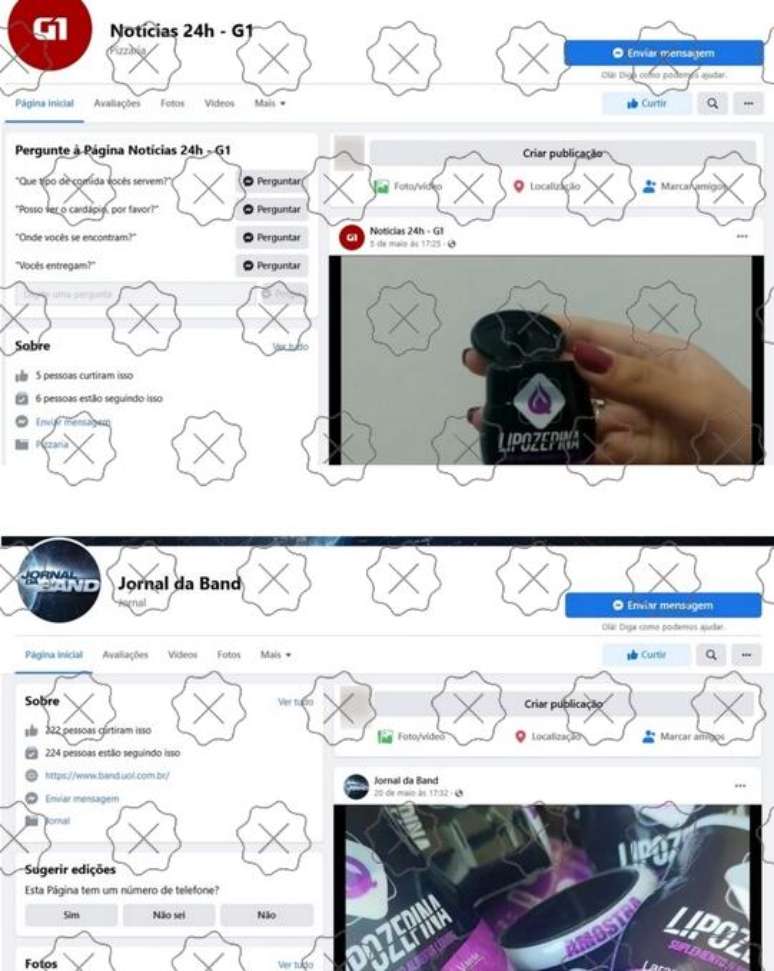 Imagem mostra p&aacute;gina falsas do G1 e o Jornal da Band criadas para promover a lipozepina