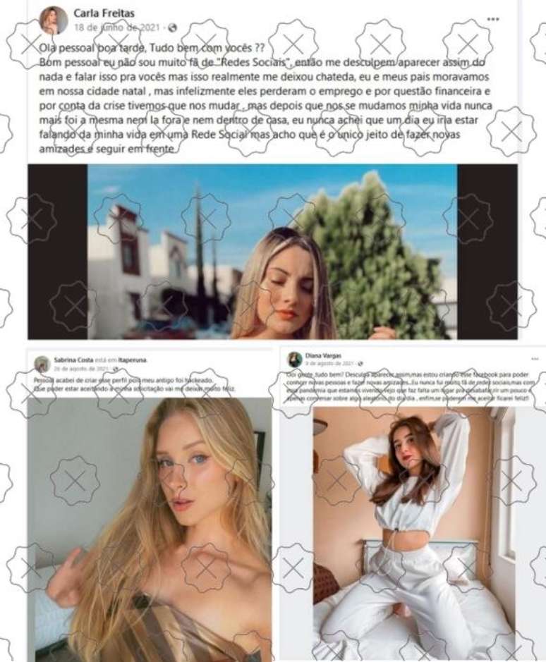 Perfis falsos de Diana Vargas, Sabrina Costa e Carla Freitas com hist&oacute;rias criadas para fingir autenticidade. As fotos s&atilde;o de outras pessoas reais