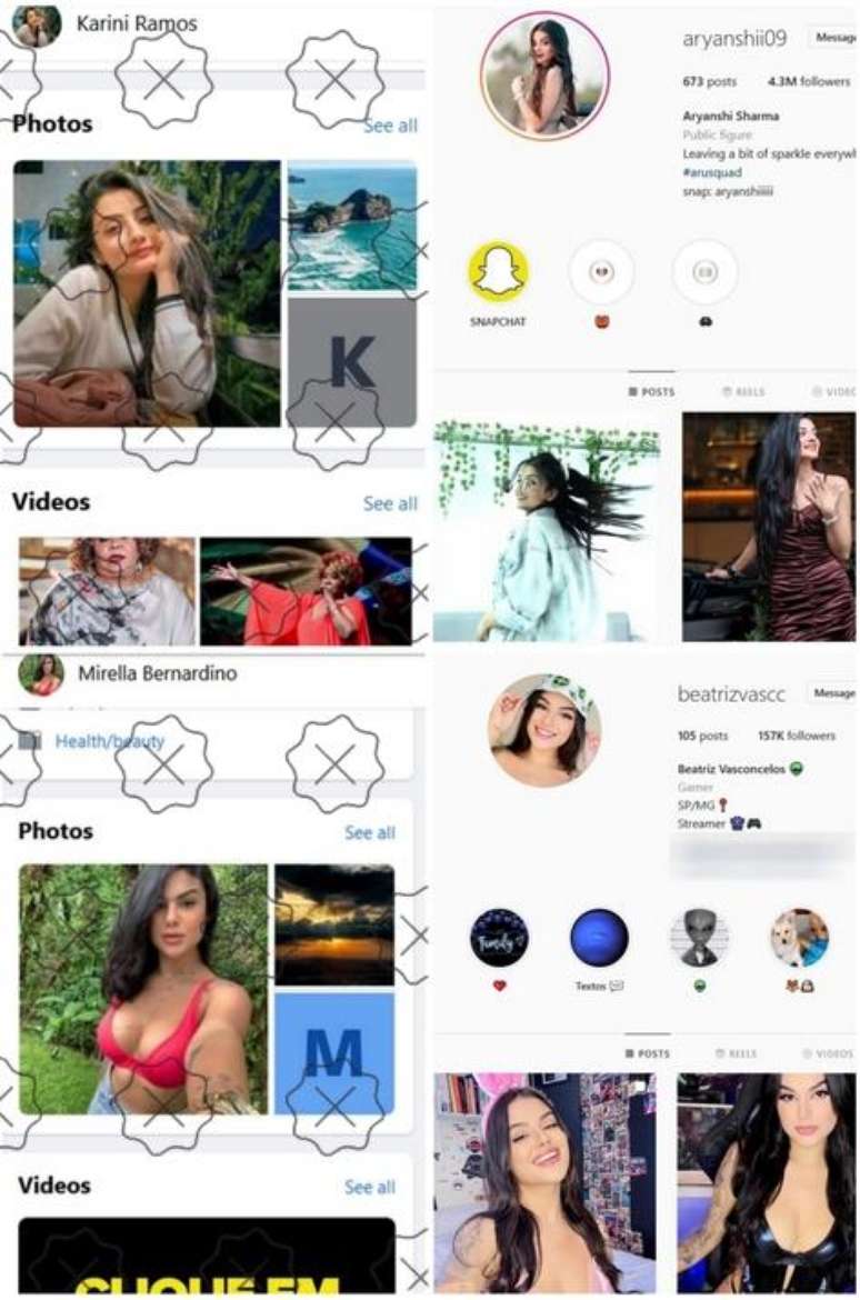Comparativo mostra que as p&aacute;ginas de Karini Ramos e Mirella Bernardino utilizam fotos da cantora Aryanshi Sharma e da streamer Beatriz Vasconcelos
