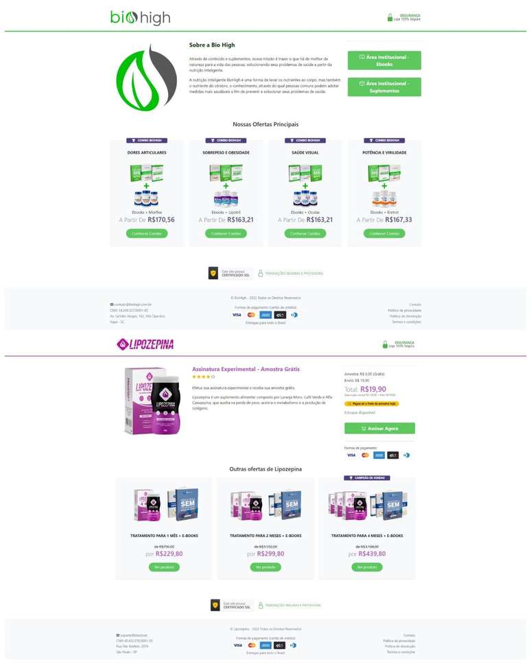 Comparativo mostra que a estrutura do site da Bio High &eacute; id&ecirc;ntica ao site oficial da lipozepina