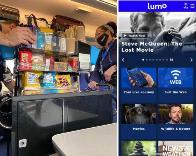 O carrinho com snacks e bebidas que passa entre os assentos e o aplicativo com filmes e s&eacute;ries para assistir a bordo.