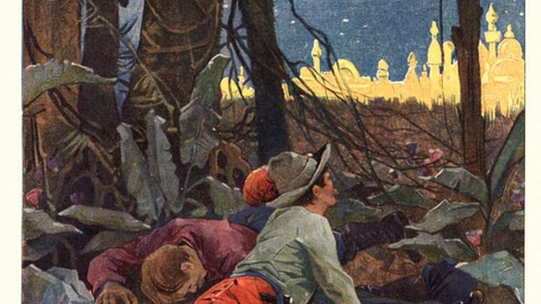 Na ilustra&ccedil;&atilde;o, explorador europeu vislumbra ao longe a cidade de Eldorado, que segundo as lendas era feita de ouro maci&ccedil;o