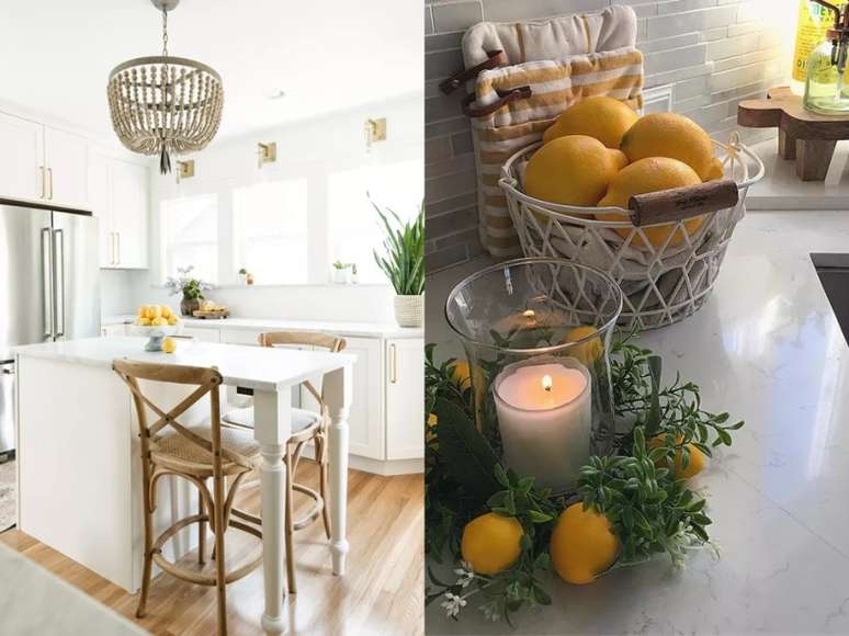 Deixe a sua fruteira transbordar. Esse toque de imperfei&ccedil;&atilde;o far&aacute; com que sua pe&ccedil;a central pare&ccedil;a mais din&acirc;mica e mais natural. / As guirlandas n&atilde;o s&atilde;o apenas para pendurar em suas paredes, janelas e portas. Elas tamb&eacute;m v&atilde;o super bem cercando suas velas como coroas de lim&atilde;o. (Apenas certifique-se de manter essas velas dentro de vasos para evitar poss&iacute;veis riscos de inc&ecirc;ndio.)