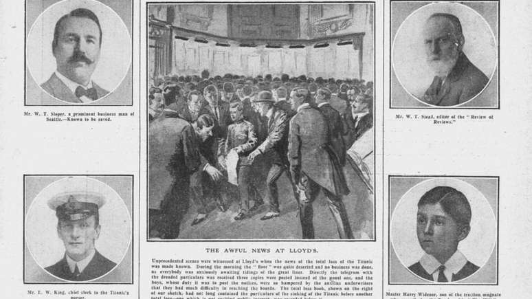 A foto de Stead no topo da not&iacute;cia sobre os mortos no Titanic