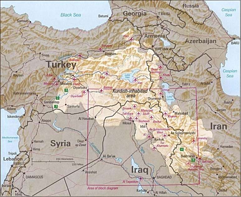 O Curdistão ocupa áreas da Turquia, Síria, Irã e Iraque