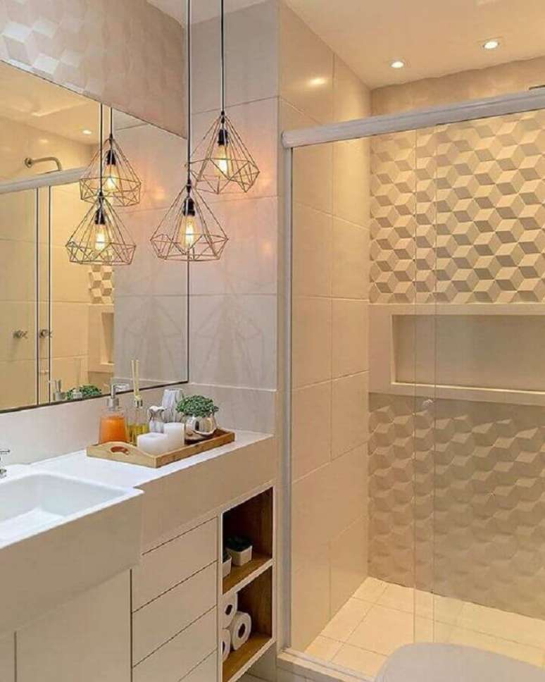 30. Decoração moderna para banheiro feminino todo branco com revestimento 3D e pendentes aramados – Foto: Simples Decoração