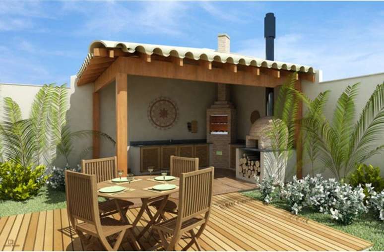 20. &Aacute;rea de churrasqueira e mesa de madeira &ndash; Foto Construvargas