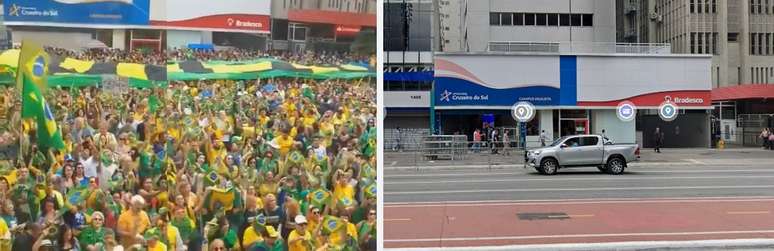 Compara&ccedil;&atilde;o entre frame do v&iacute;deo e imagem do Google Street View mostra as fachadas da faculdade Cruzeiro do Sul e dos bancos Bradesco e Santander