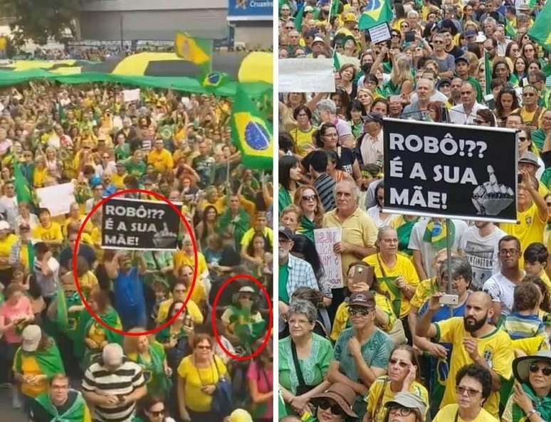 Foto de 2019 mostra homem de azul segurando placa sobre rob&ocirc; e mulher de &oacute;culos escuros, id&ecirc;nticas &agrave;s que aparecem no v&iacute;deo que vem sendo compartilhado