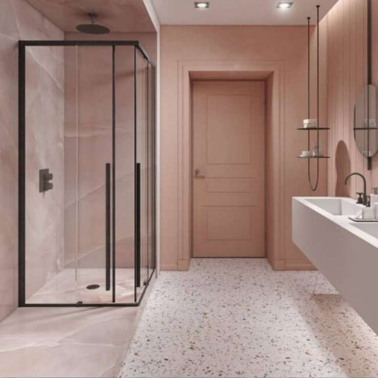 27. Decora&ccedil;&atilde;o rom&acirc;ntica e delicada de banheiro com chuveiro de teto. Fonte: @2B_boxdoce_italian_design