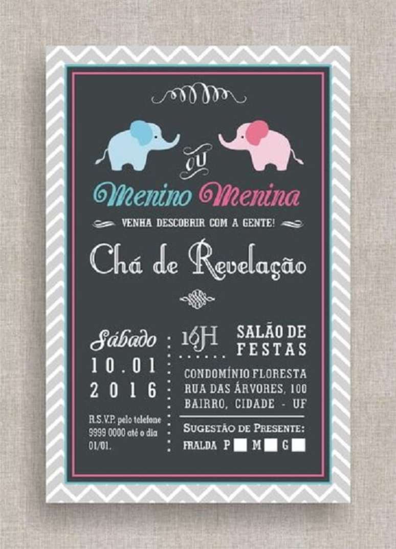 31- O convite ch&aacute; revela&ccedil;&atilde;o faz sugest&atilde;o de presente. Fonte: L&aacute; vem Beb&ecirc;