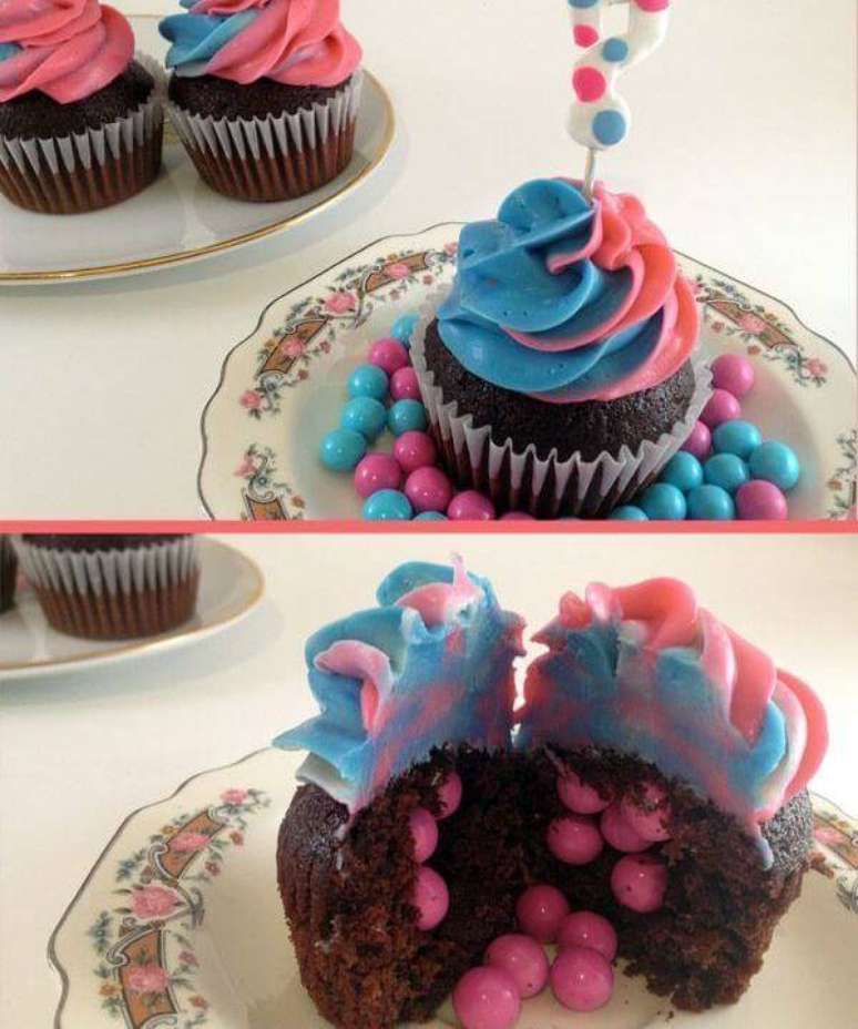 5- O chá revelação simples com cupcake recheado com balas coloridas informa o sexo da criança. Fonte: Casa e Festa