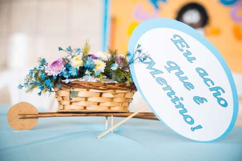 59- Sobre a mesa do chá revelação, as cestas com flores têm placas sugerindo menino ou menina. Fonte: We Share Ideas