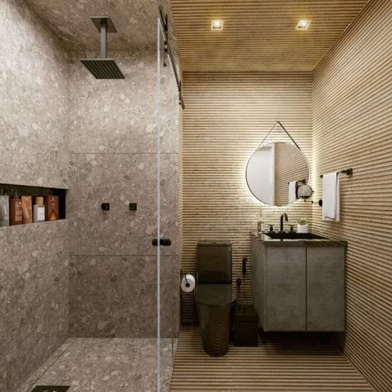 8. Se inspire nesse projeto de banheiro com chuveiro de teto. Fonte: Arkpad
