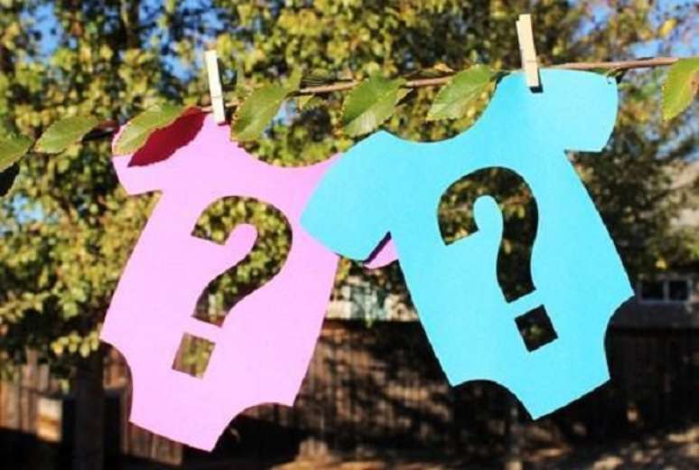 68- Para decorar a &aacute;rea externa do ch&aacute; revela&ccedil;&atilde;o foi estendido um varal com roupinhas feitas de papel&atilde;o azul e rosa. Fonte: Casa e Festa