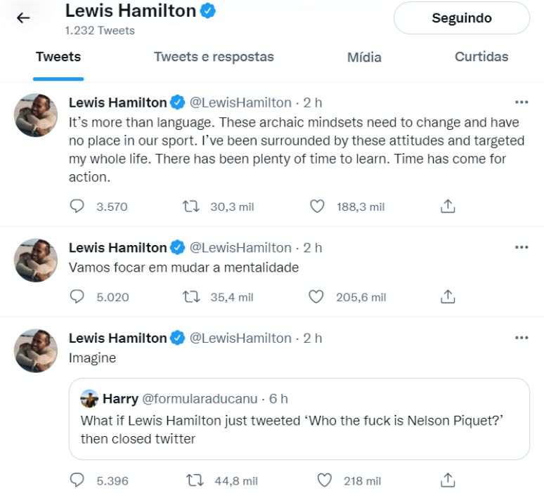 Lewis Hamilton reage à fala de Nelson Piquet