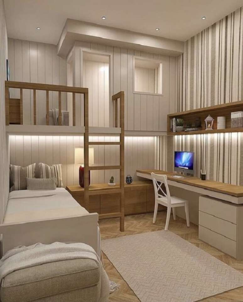 22. Beliche em L para quarto com cama de casinha e mesa de estudo – Foto ral Mobilya