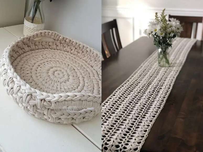 Utilize uma cesta ou suporte de crochê para guardar e expor itens decorativos. / Decore a sua mesa de jantar com este caminho elegante.