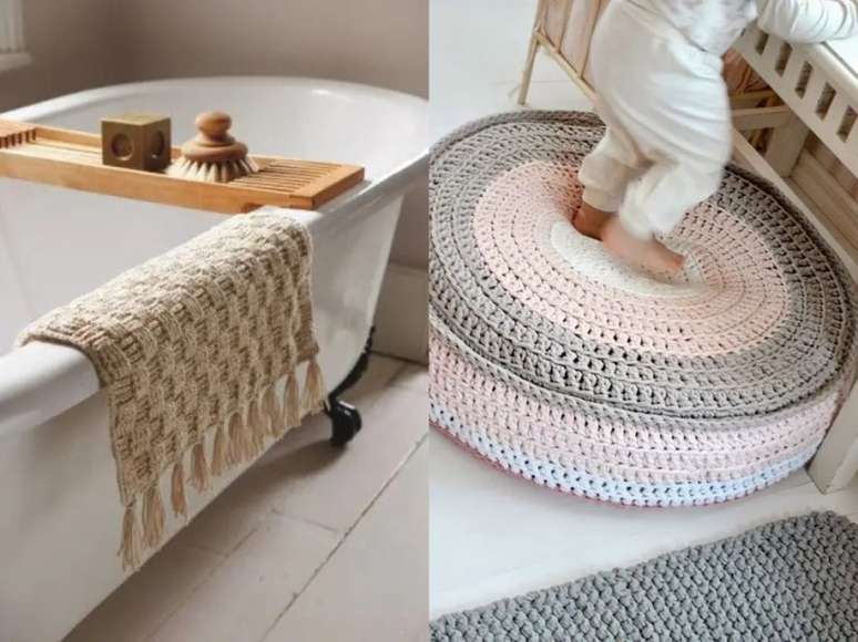 O tapete de banheiro também pode ser de crochê. O modelo com borlas é perfeito para uma sensação de spa. / Para um pouco mais de cor, construa um pufe com tons pastéis.