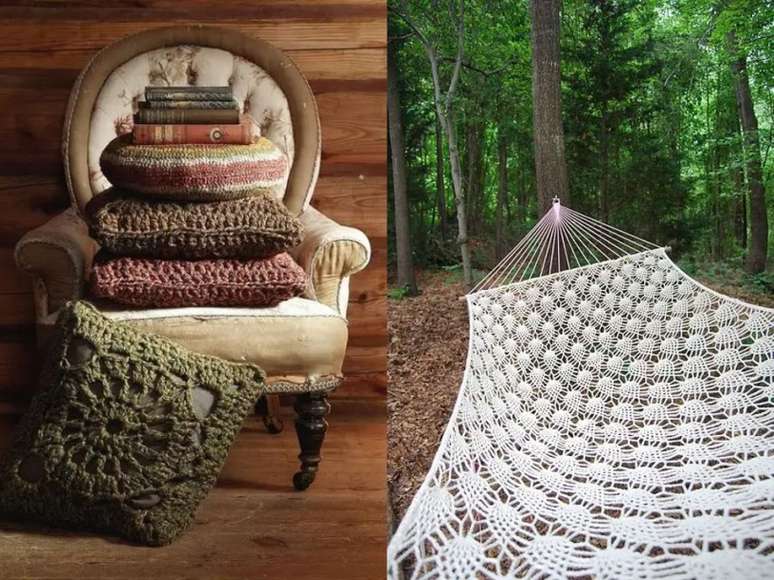 Capas de almofadas são incríveis para dar à sua poltrona uma sensação vintage. / Uma rede de crochê é uma ideia legal para relaxar e pode ser instalada em espaços externos e internos.