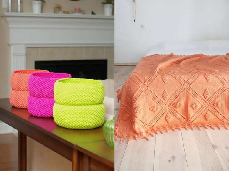 Se você gosta de um estilo mais ousado, modelos neons podem ser uma boa ideia para a sua decoração. / Um cobertor de crochê brilhante pode ser usado para cobrir a cama ou adicionar um pouco de cor ao ambiente.