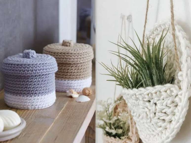 Caixas de armazenamento com tampas são incríveis para estilizar seu espaço. / Enfeite sua casa de uma maneira boho com esses suportes de plantas - mas devem ser plantas aéreas ou apenas falsas.