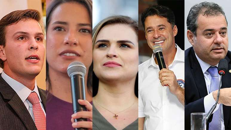 Grade de fotos mostra da esquerda para a direita os pré-candidatos ao governo de Pernambuco: Miguel Coelho, Raquel Lyra, Marília Arraes, Anderson Ferreira e Danilo Cabral